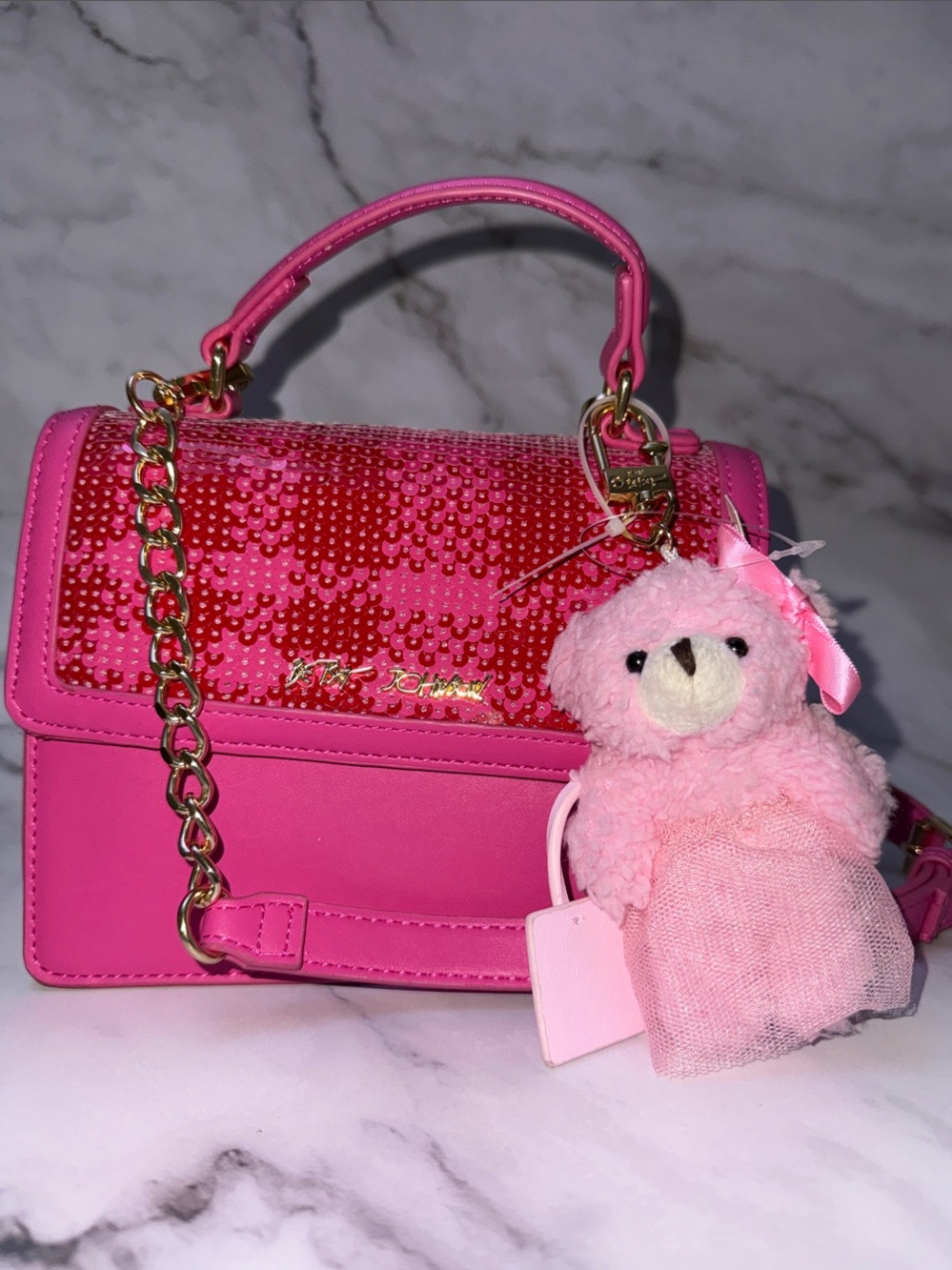 Betsey Johnson Hot Pink Sequin Top-Handle Crossbody Bag with Plush Charm